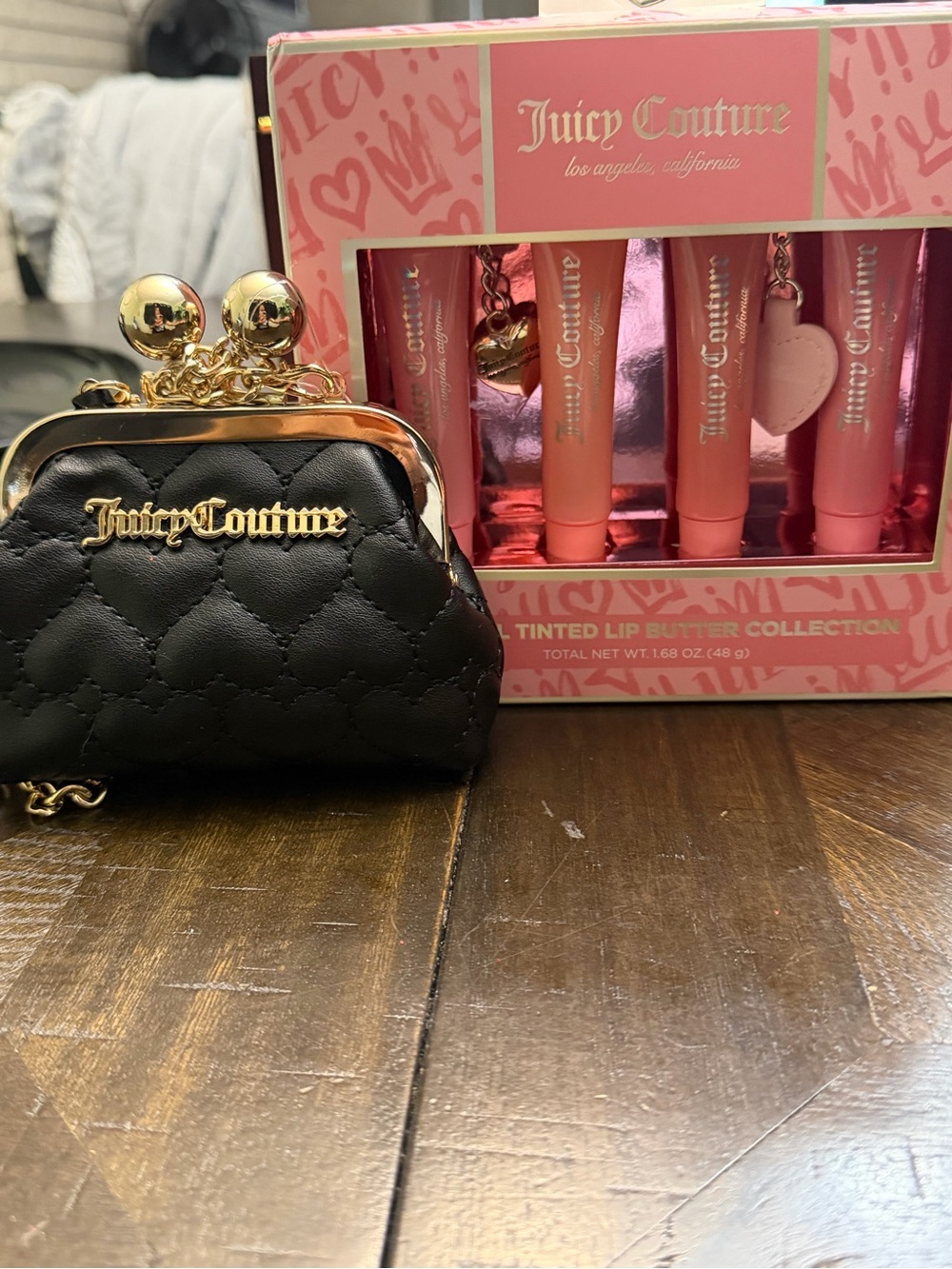 Juicy Couture Black Quilted Mini Coin Purse with Pink Tinted Lip Butter Set